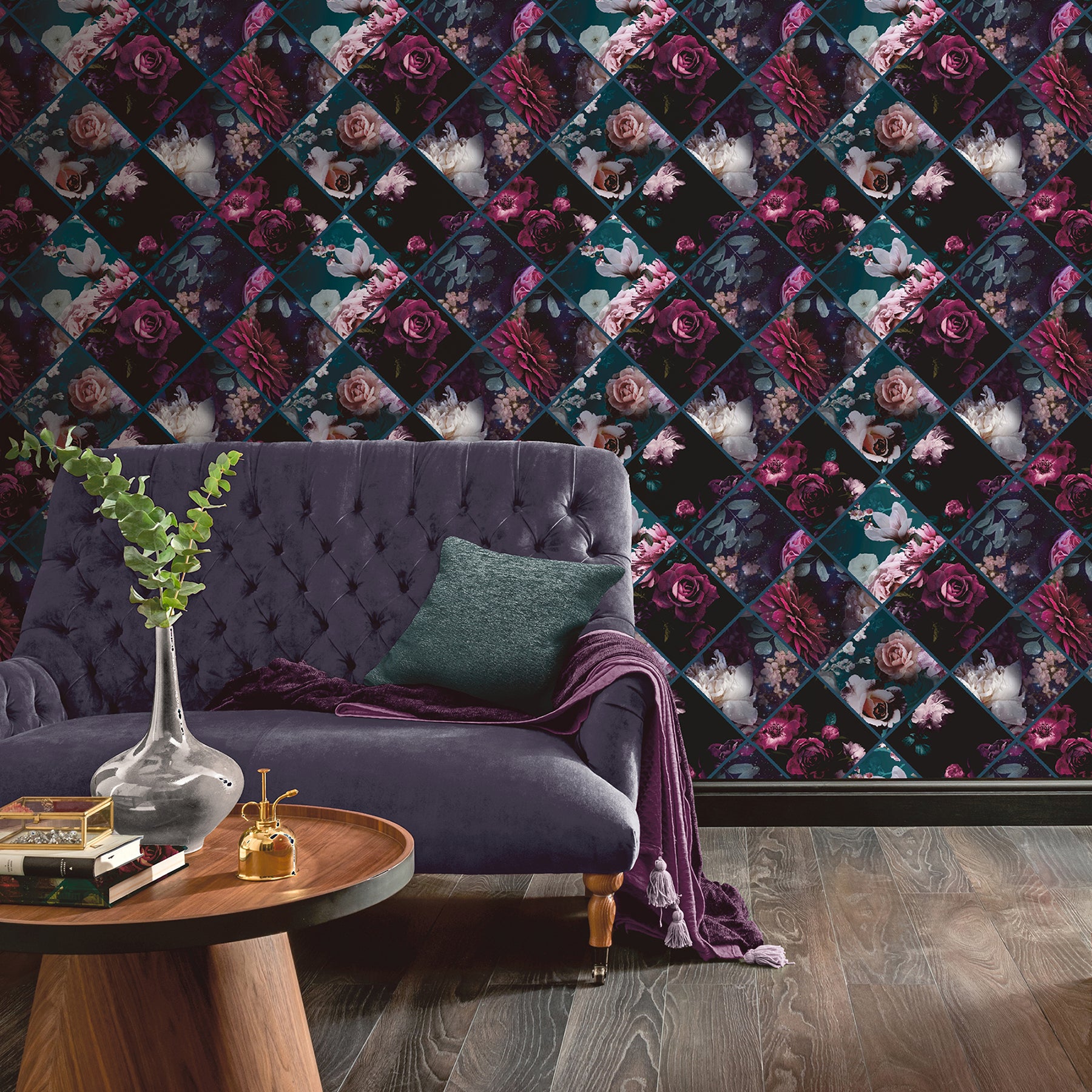 gianna-purple-floral-squares-wallpaper-york-wallcoverings-ah297100 - York Wallcoverings Wallpaper