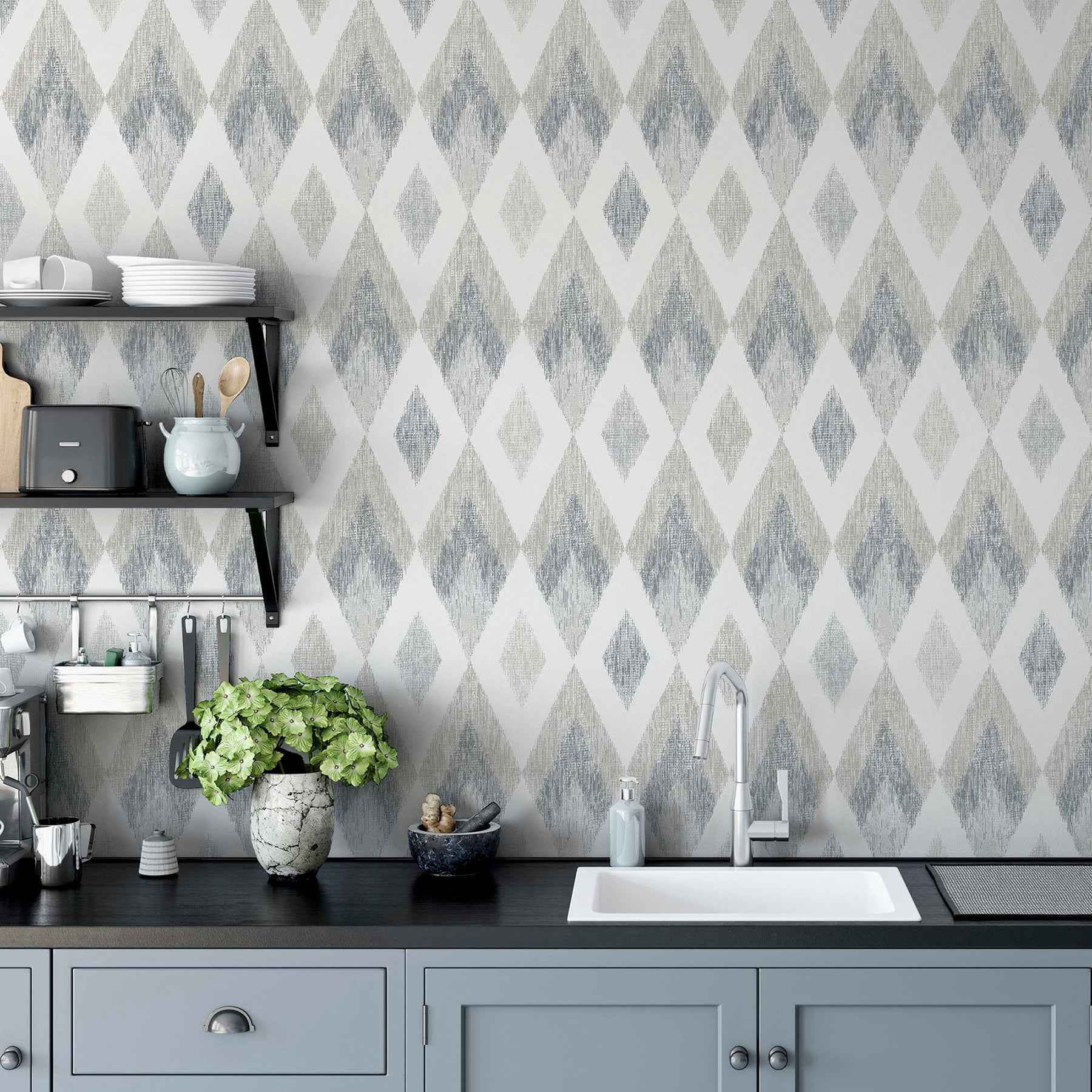 Fitzgerald Grey Ikat Diamond Wallpaper - York Wallcoverings - AH297200 - York Wallcoverings Wallpaper