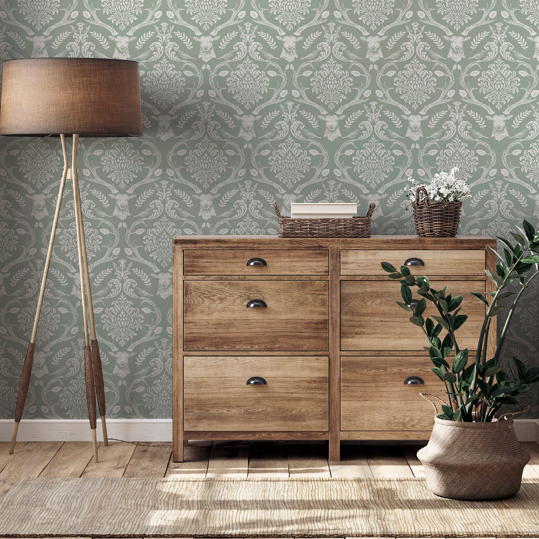 wickham-green-stag-damask-wallpaper-york-wallcoverings-ah923706 - York Wallcoverings Wallpaper