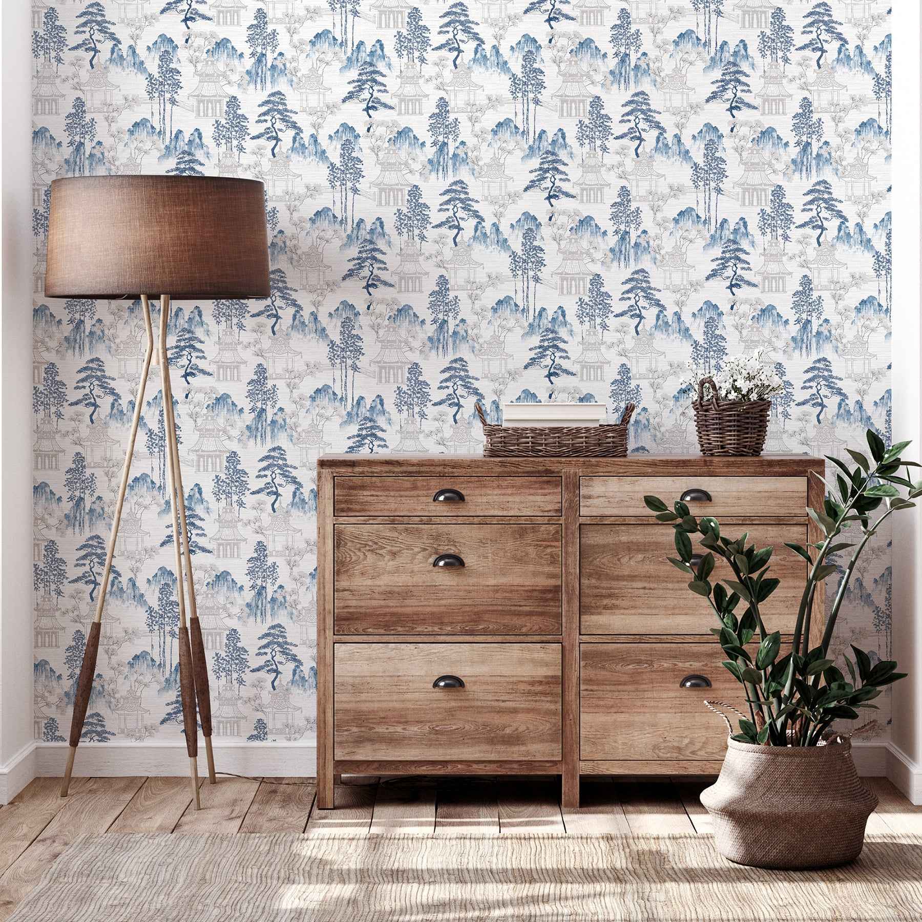 Akio Blue Pagoda Wallpaper - York Wallcoverings - AH924803 - York Wallcoverings Wallpaper