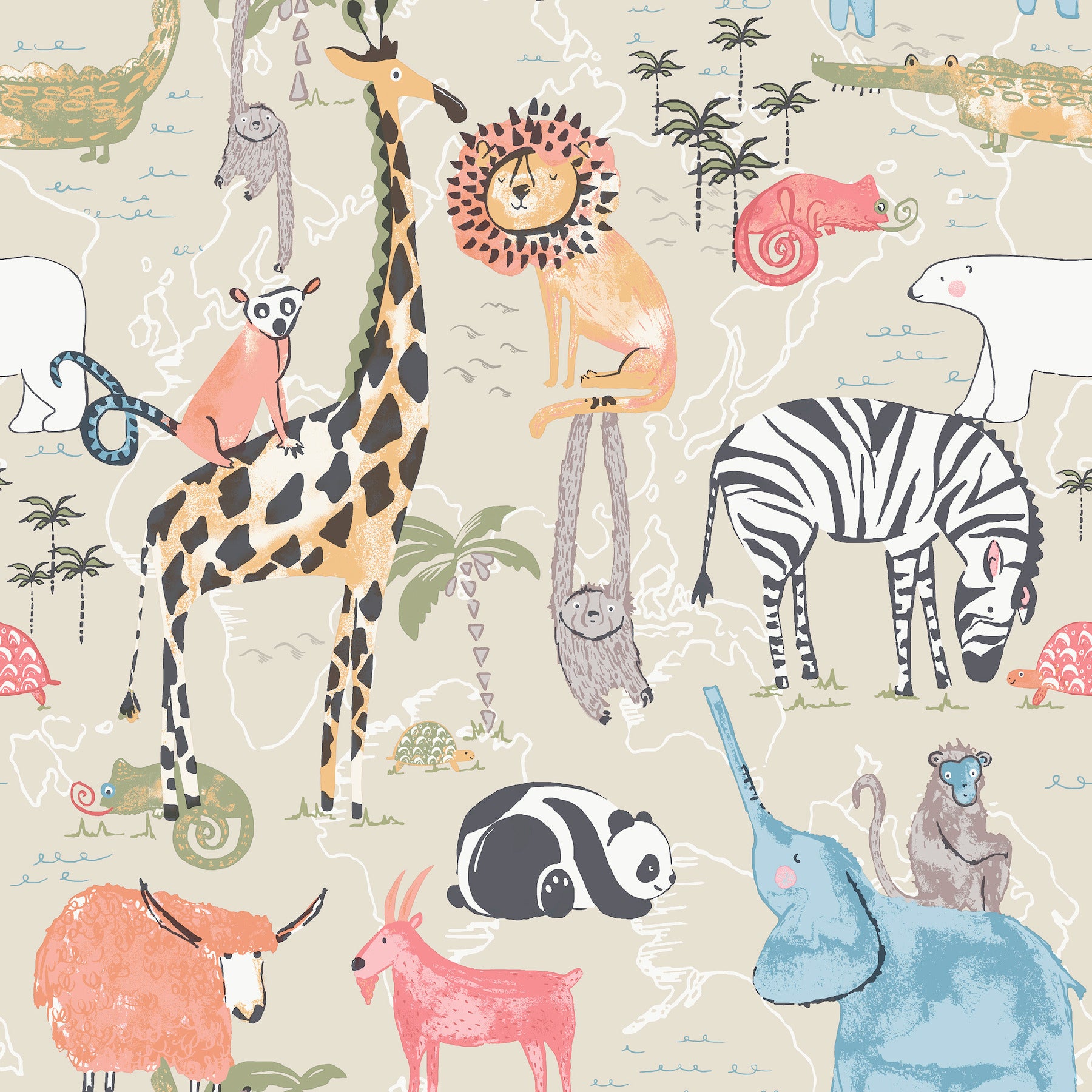 safari-animals-beige-jungle-friends-wallpaper-york-wallcoverings-4203-27540 - York Wallcoverings Papel pintado