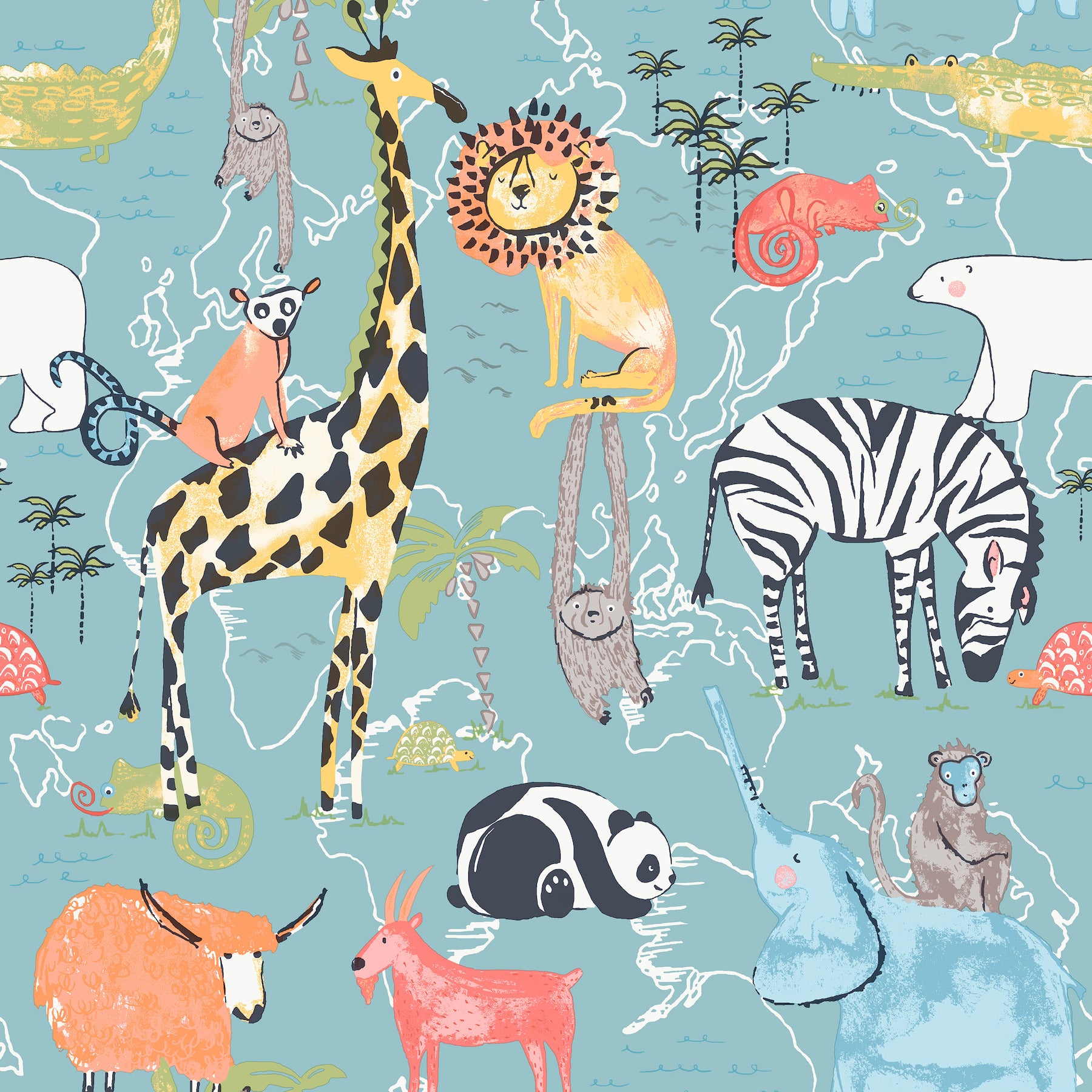 safari-animals-blue-jungle-friends-wallpaper-york-wallcoverings-4203-27541 - York Wallcoverings Papel pintado