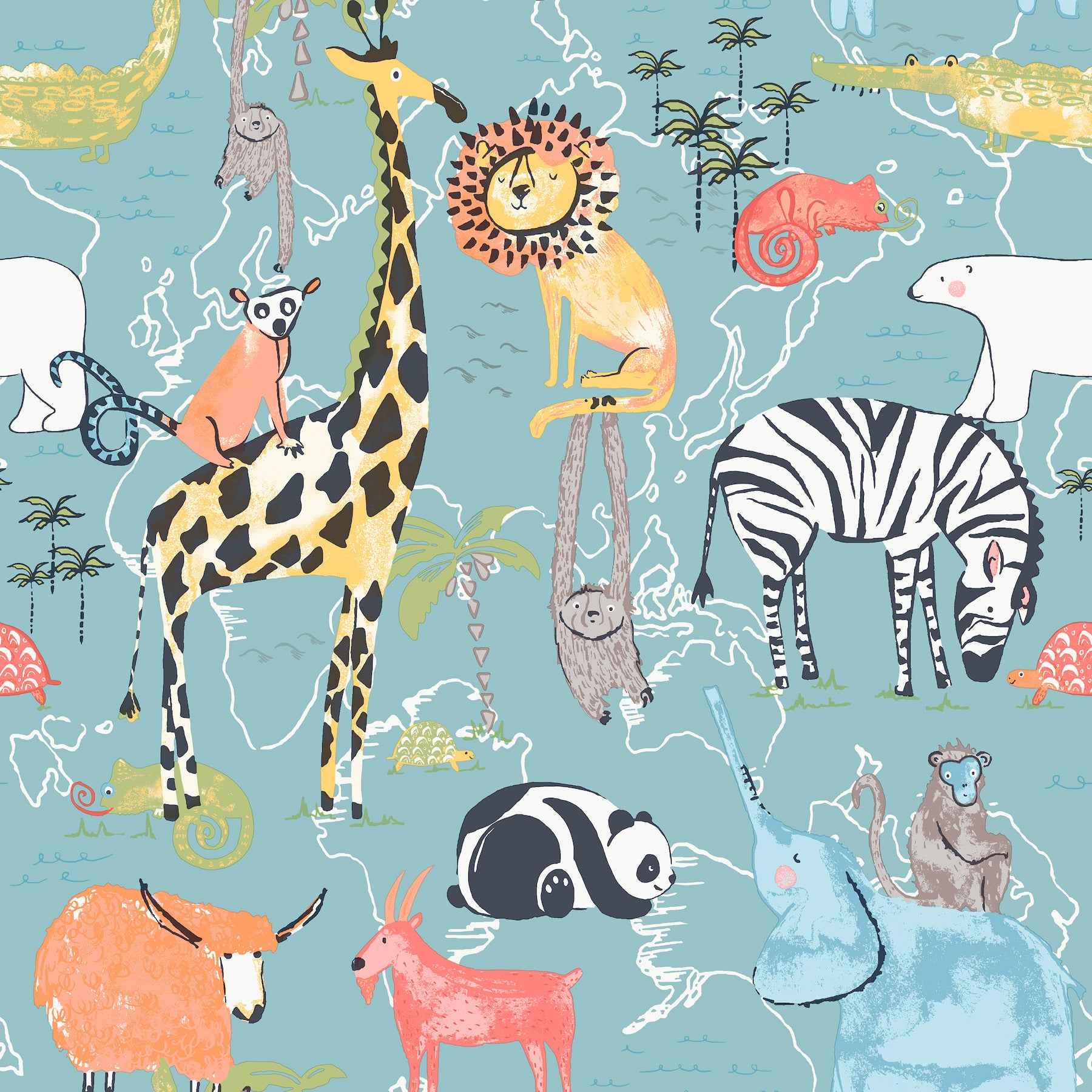 Safari Animals Blue Jungle Friends Wallpaper - York Wallcoverings - 4203-27541