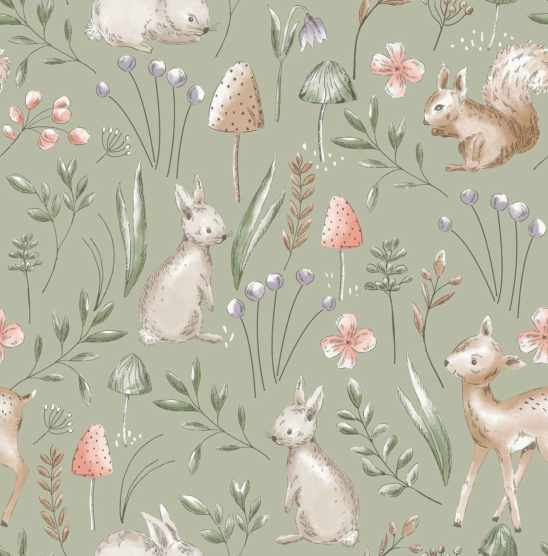 Forest Animals Sage Whimsical Wallpaper - York Wallcoverings - 4203-27547