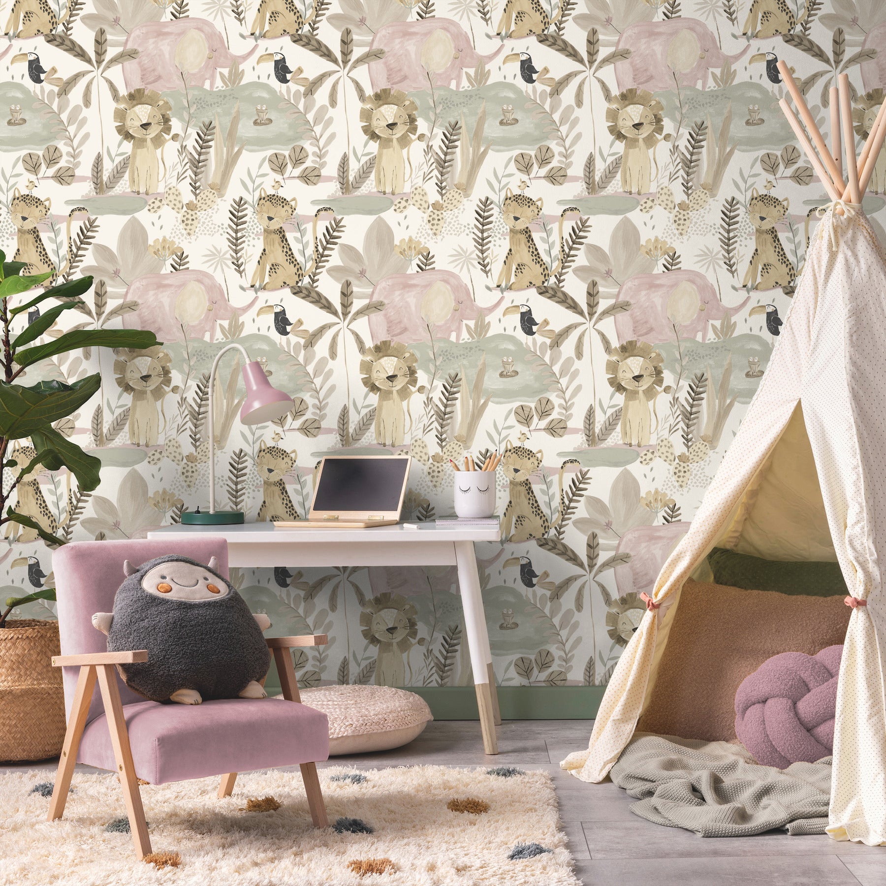 in-the-jungle-pink-animal-friends-wallpaper-york-wallcoverings-4203-27557 - York Wallcoverings Papel pintado