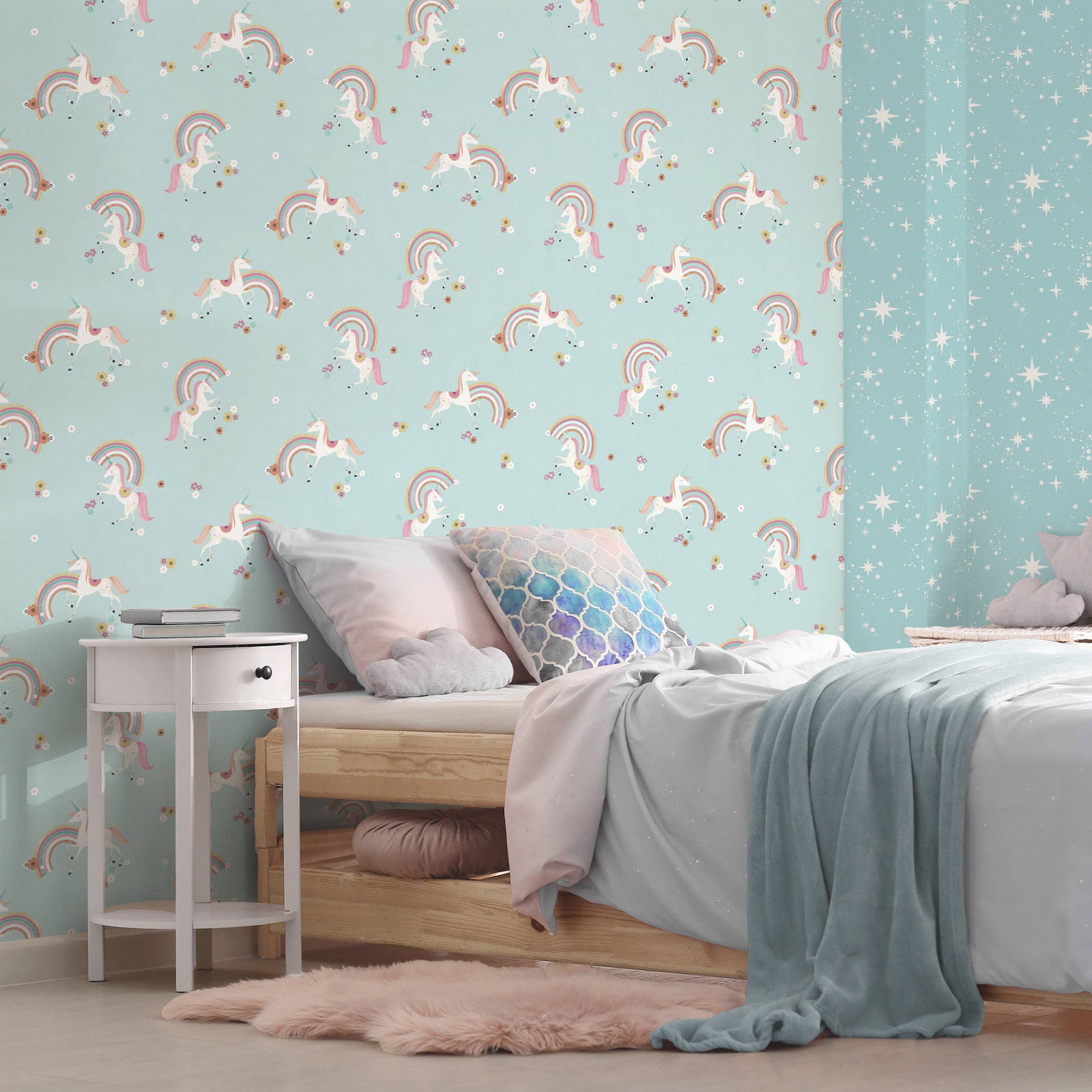 rainbow-unicorn-blue-fantastical-wallpaper-york-wallcoverings-4203-27564 - York Wallcoverings Papel pintado