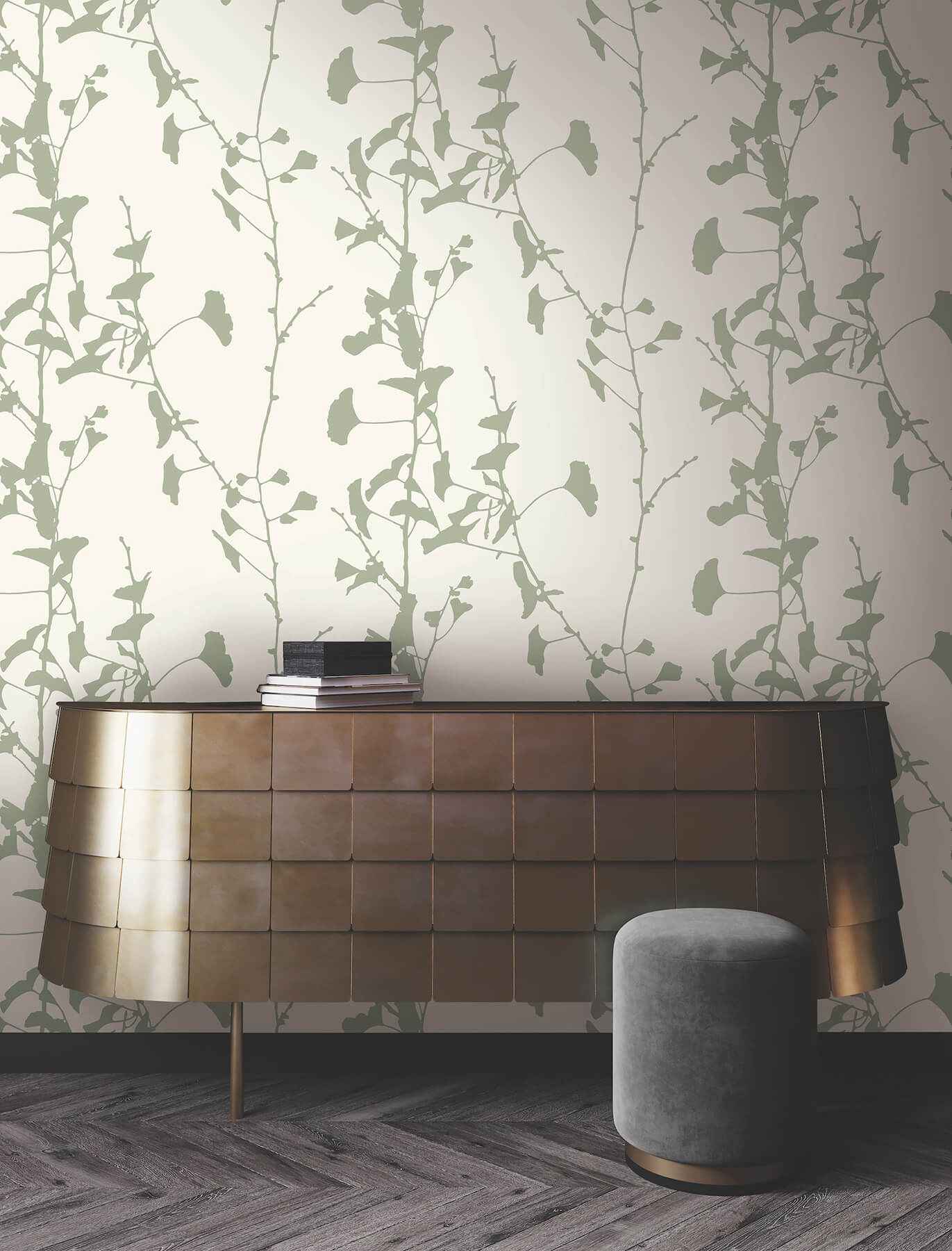 Ginkgo Silhouette Sage Cork Wallpaper - York Wallcoverings - VR1510