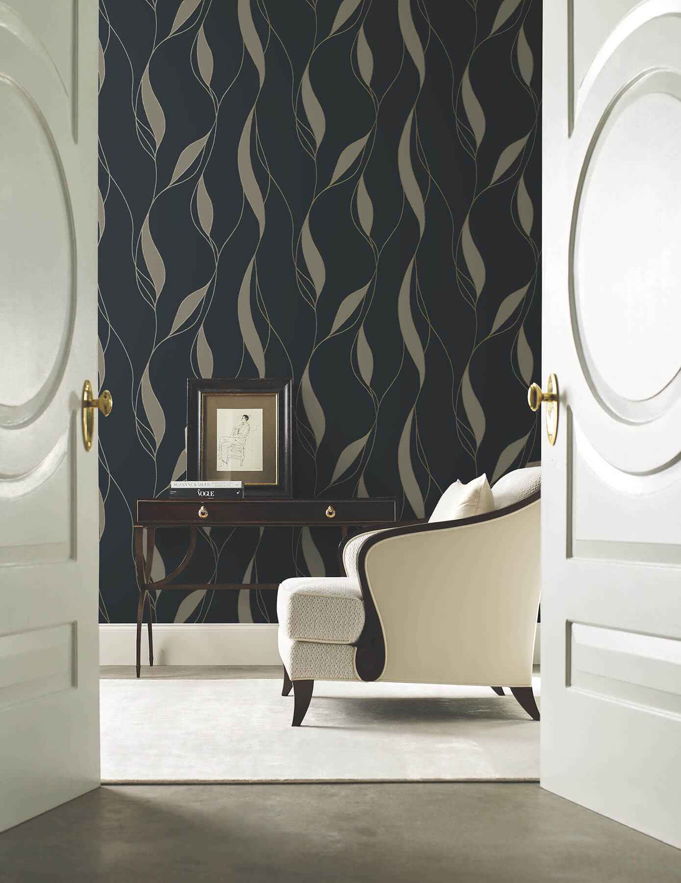 Society Hill Black Abstract Leaf Wallpaper - York Wallcoverings - VR1549