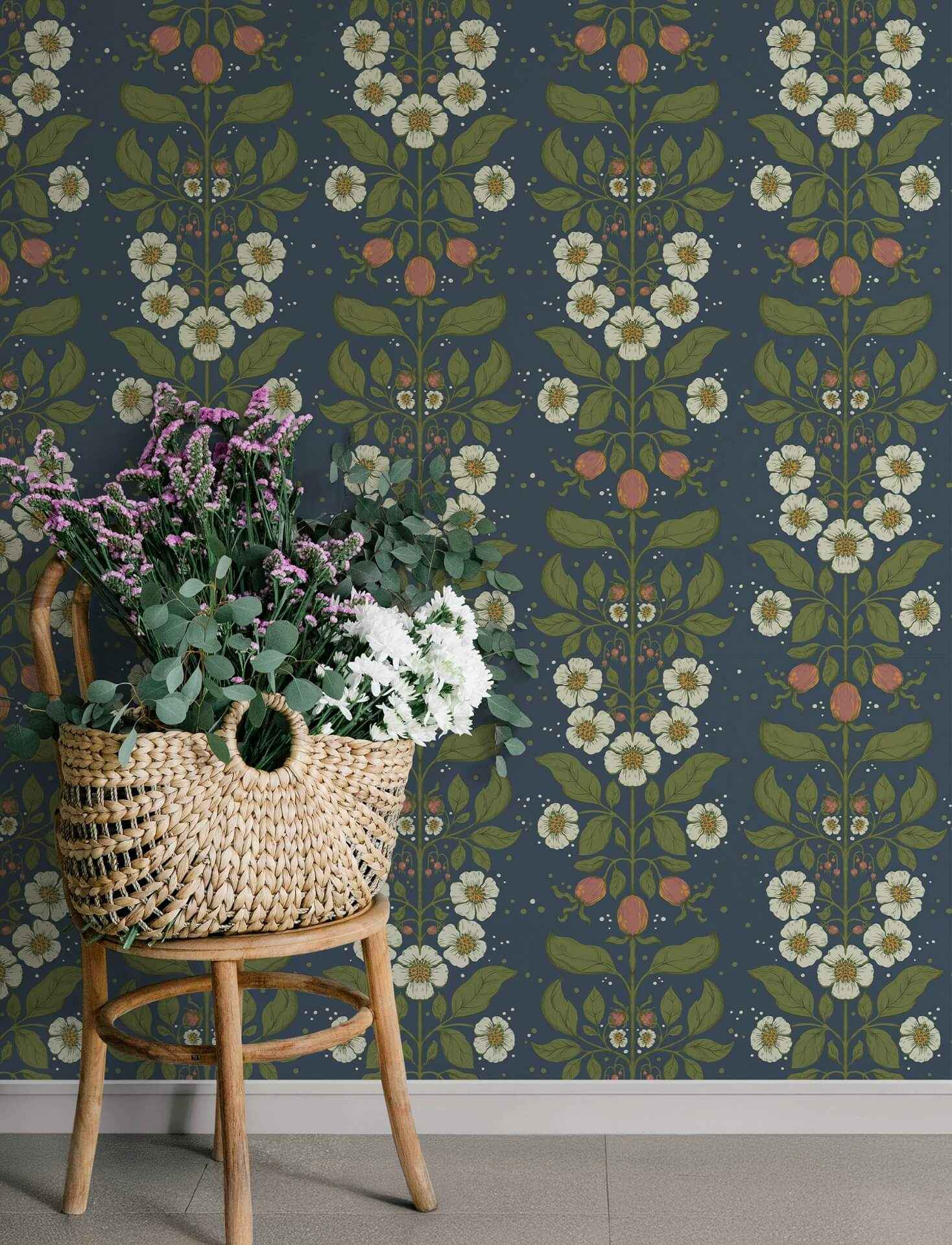 Rosa Navy Floral Columns Wallpaper - York Wallcoverings - 4201-48013 - York Wallcoverings Wallpaper