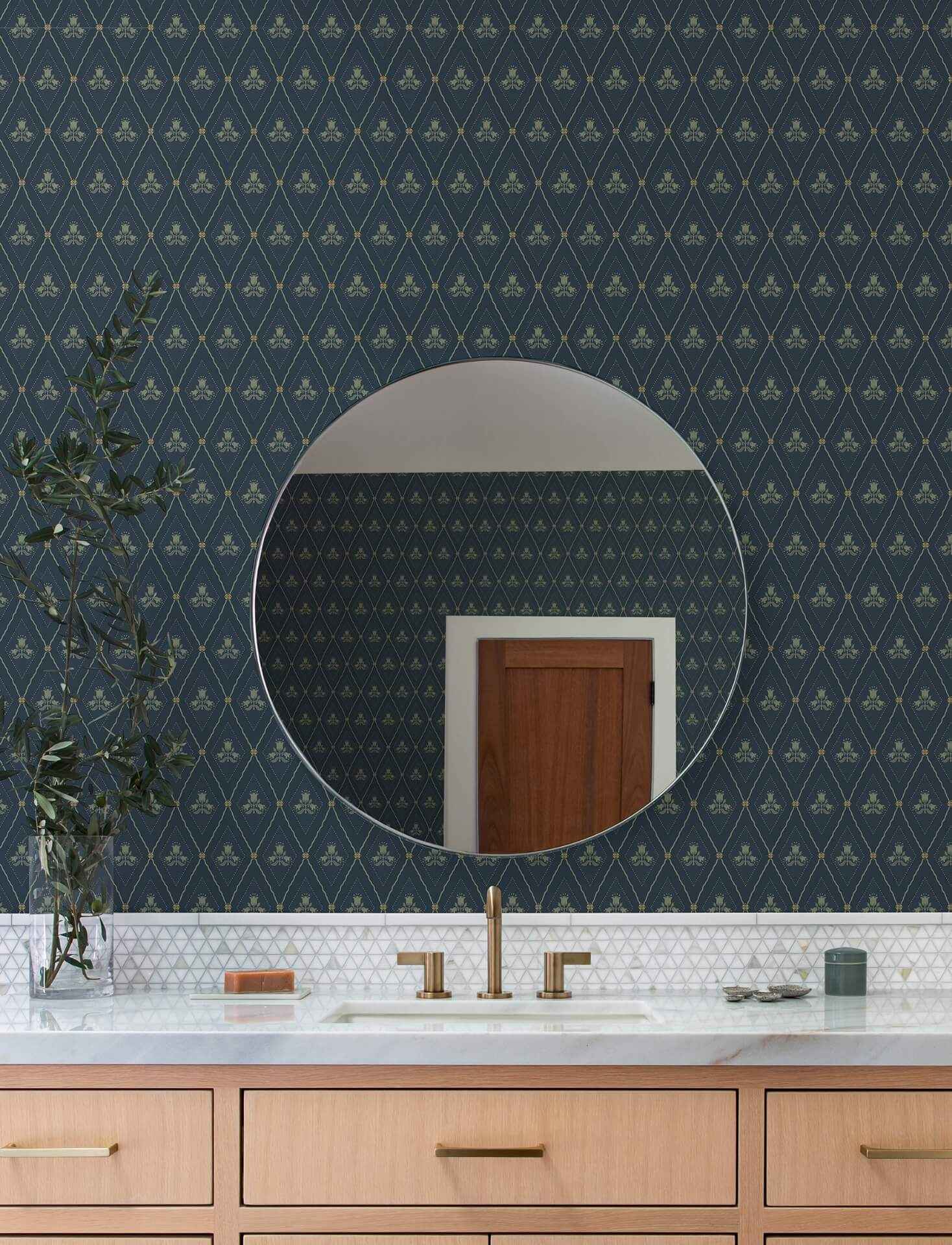 Alma Navy Diamond Floral Wallpaper - York Wallcoverings - 4201-48033 - York Wallcoverings Wallpaper
