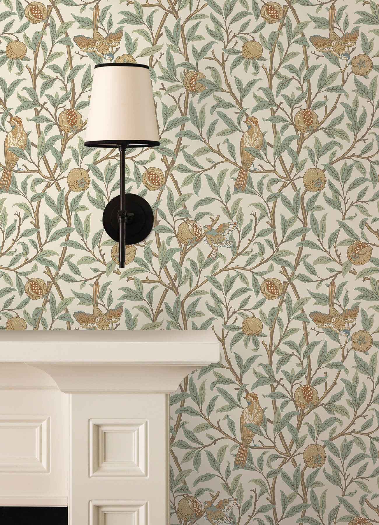 Bird and Pomegranate Linen and Sage Peel and Stick Wallpaper - York Wallcoverings - MCS6593 - York Wallcoverings Wallpaper