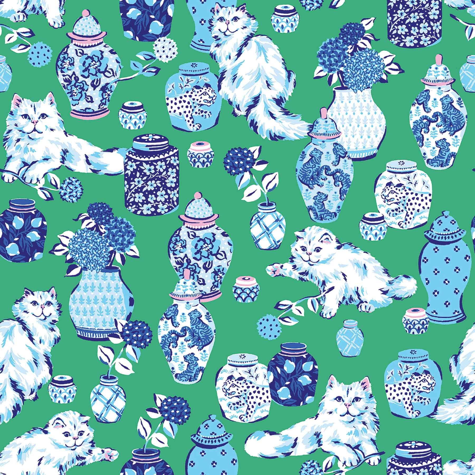 Fancy Cats Green Peel and Stick Wallpaper - York Wallcoverings - PFS6563