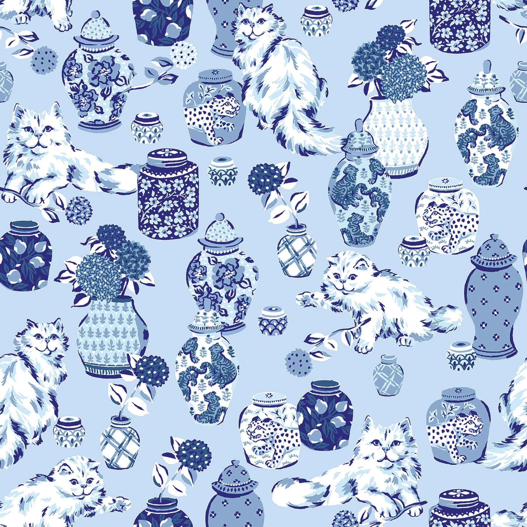 Fancy Cats Blue Peel and Stick Wallpaper - York Wallcoverings - PFS6565