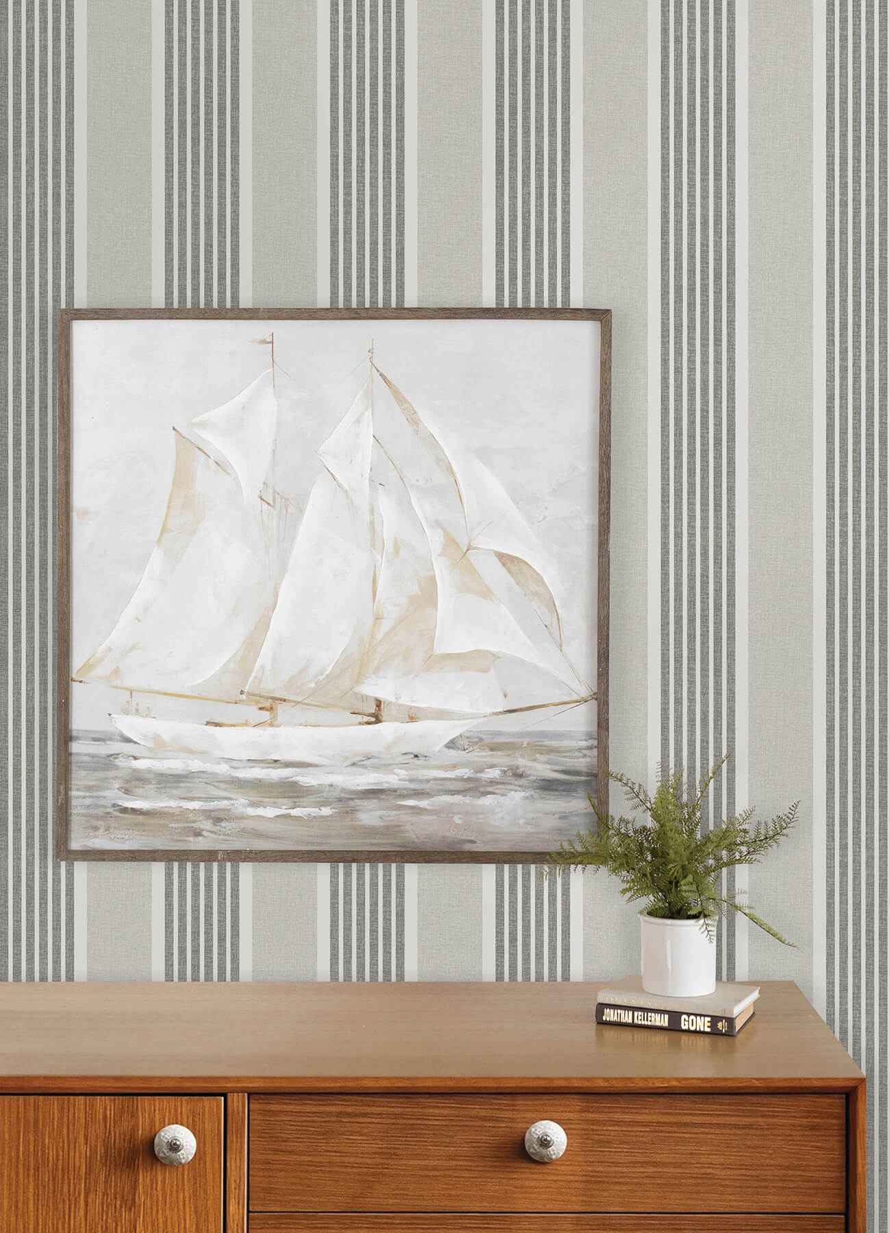 Bingley Charcoal Embellished Stripe Wallpaper - York Wallcoverings - 4192-83435 - York Wallcoverings Wallpaper