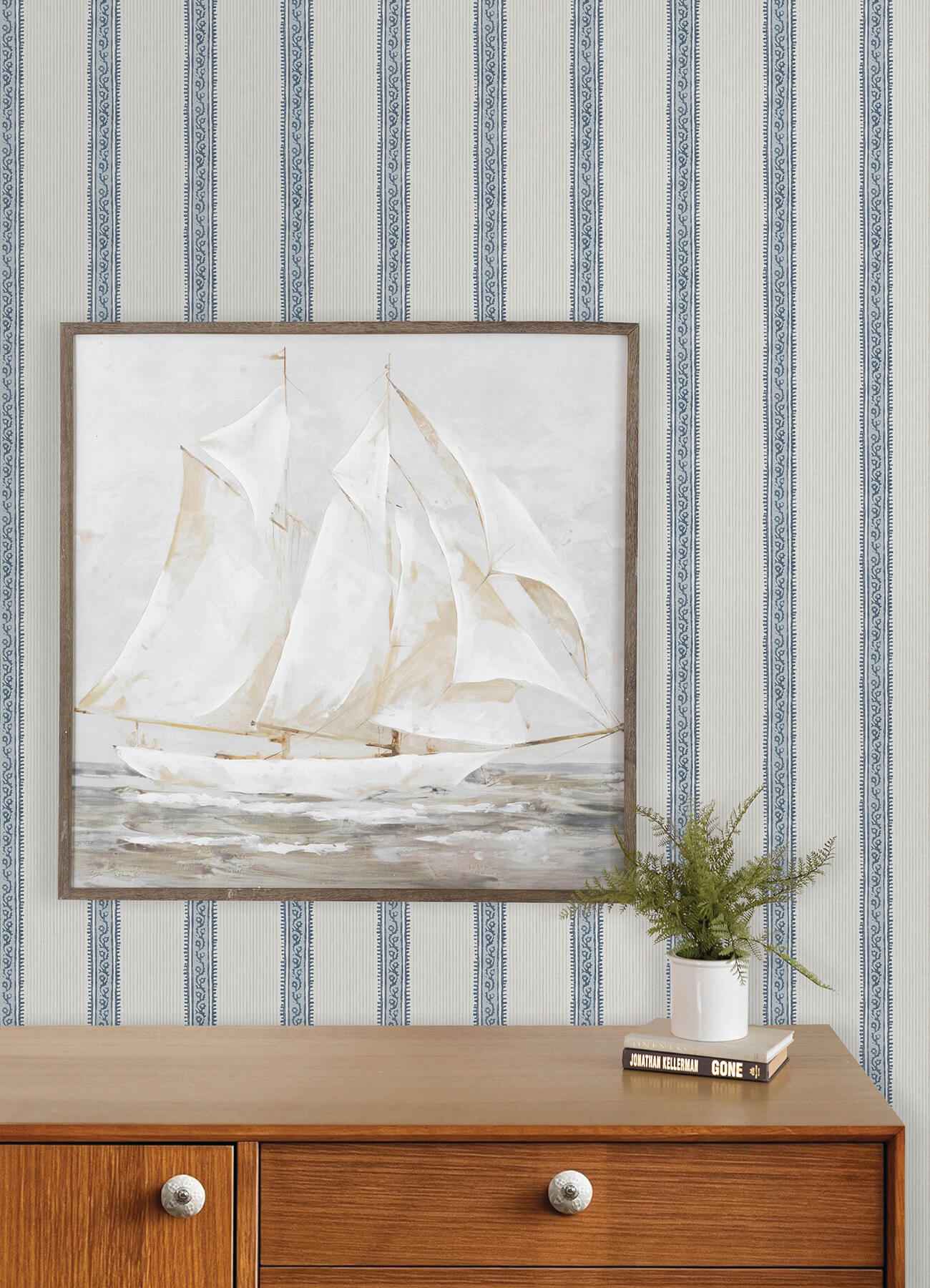 Mandevilla Blue Vine Stripe Wallpaper - York Wallcoverings - 4192-27428 - York Wallcoverings Wallpaper