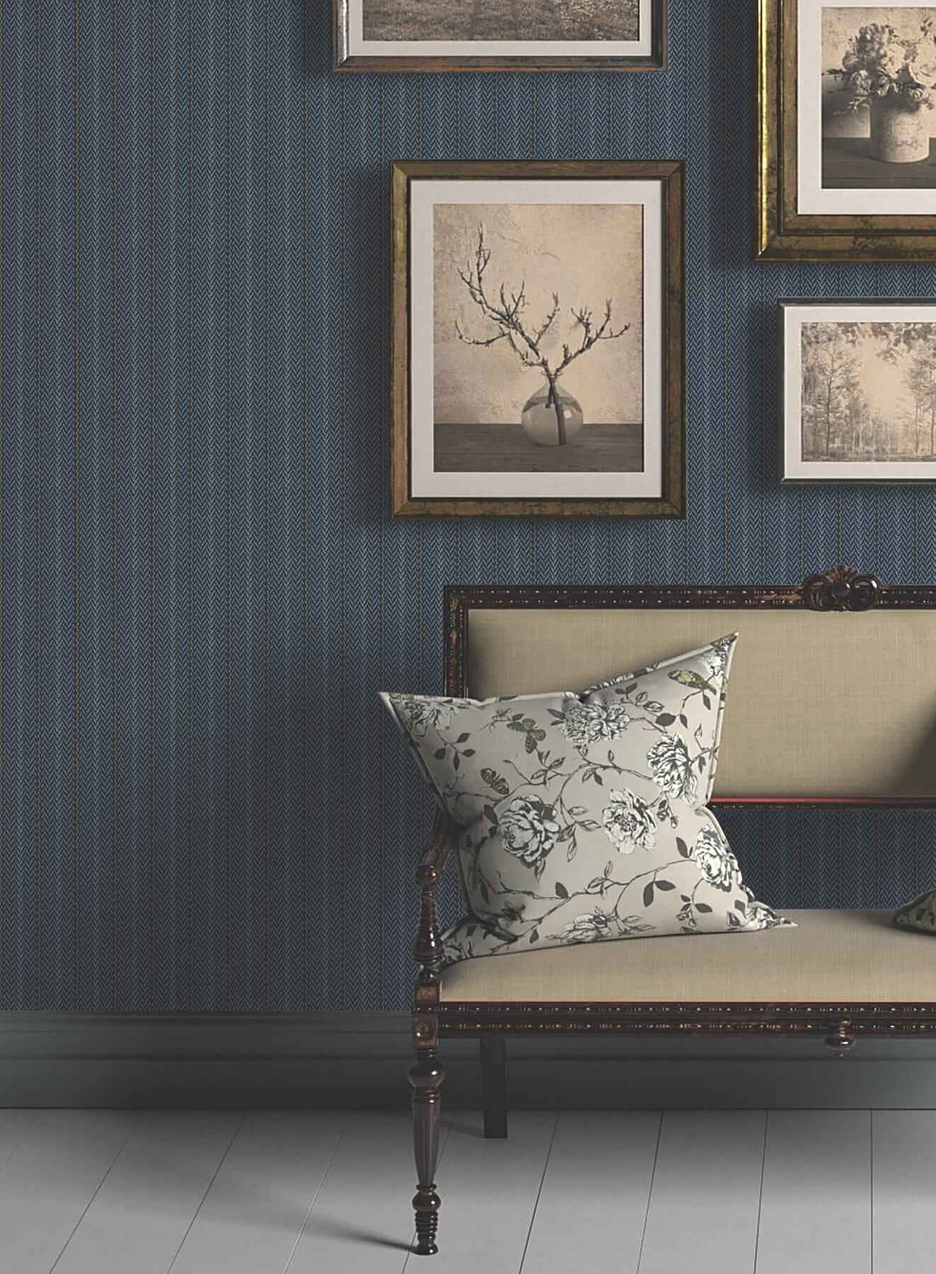 Elkan Stripe Navy Herringbone Wallpaper - York Wallcoverings - 4211-83538 - York Wallcoverings Wallpaper
