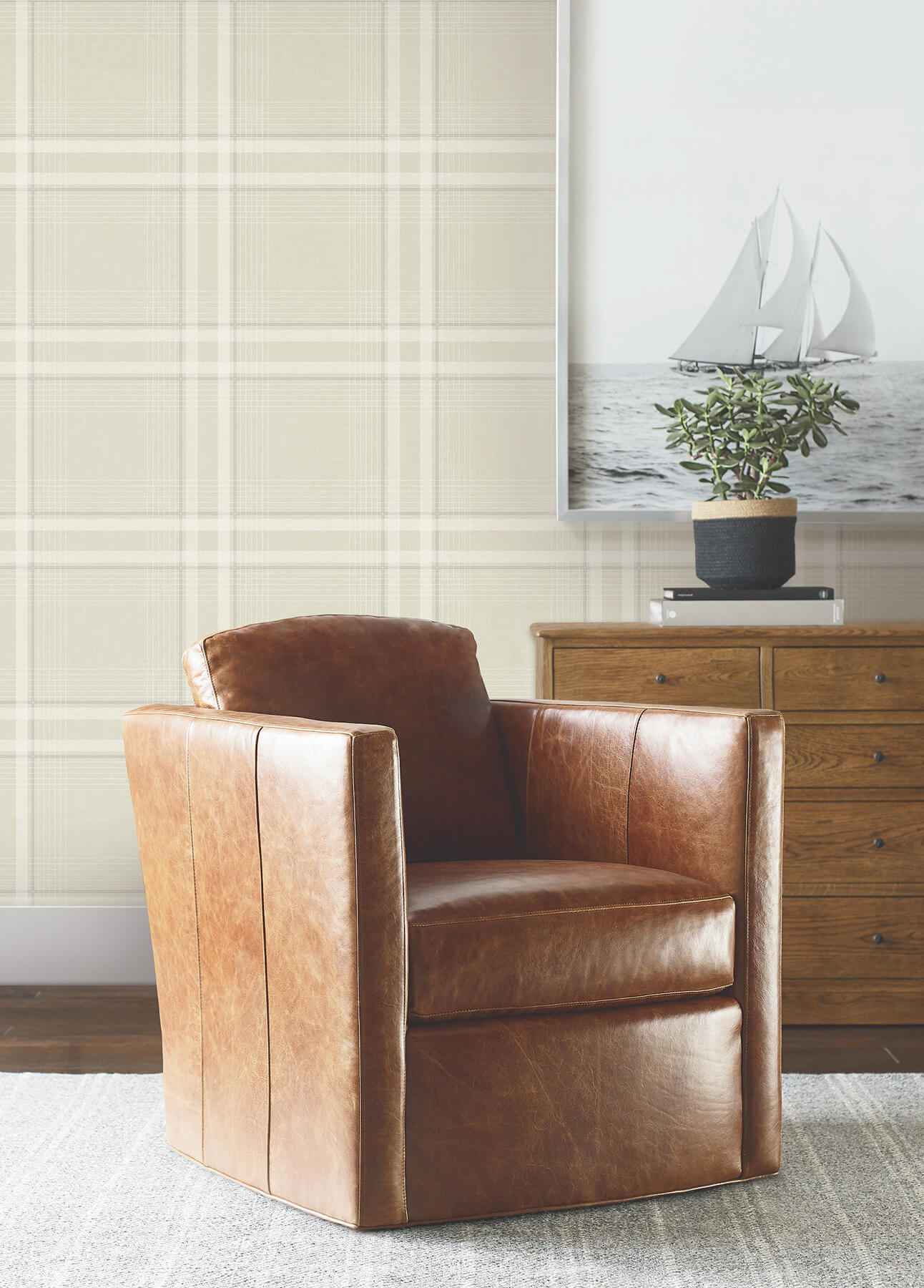 Country Club Plaid Beige Faux Linen Wallpaper - York Wallcoverings - 4211-83566 - York Wallcoverings Wallpaper