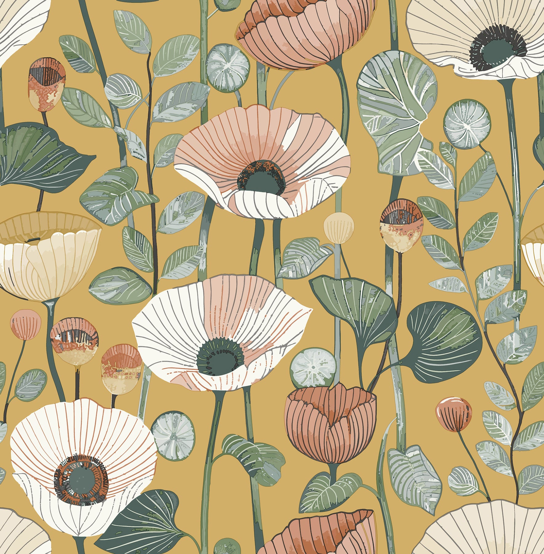 Mindra Mustard Floral Trail Wallpaper - York Wallcoverings - 4197-27873 - York Wallcoverings Wallpaper