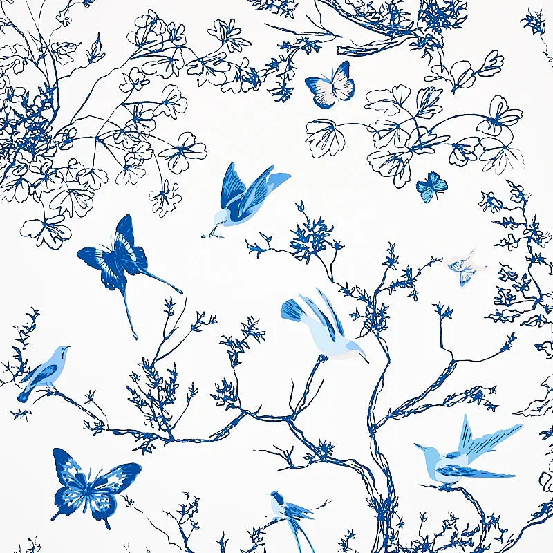 Schumacher Wallpaper 2704421 Birds & Butterflies in Porcelain Schumacher Wallpaper