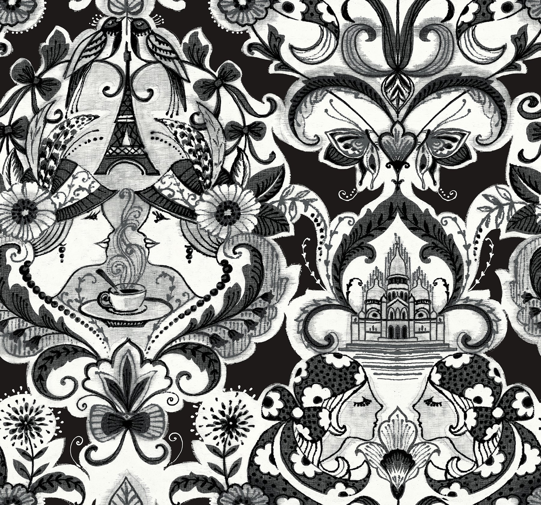 Sadie Blush Parisian Damask Wallpaper - Black - York Wallcoverings - 2973-90886