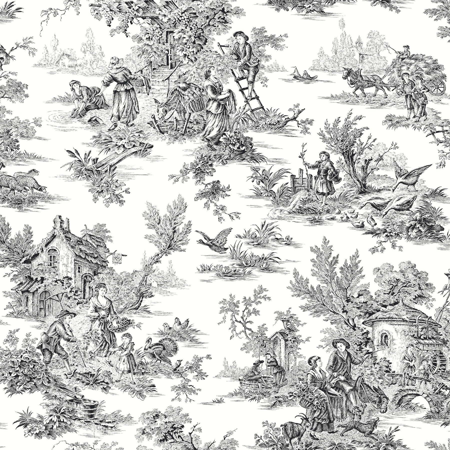 Campagne Toile Wallpaper - Black/White - York Wallcoverings - AT4228