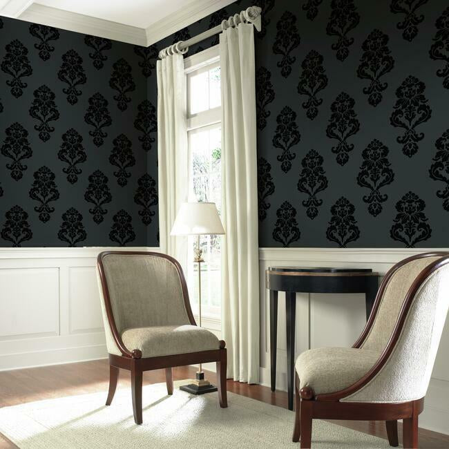 graphic-damask-wallpaper-black-lacquer-york-wallcoverings-bl0397