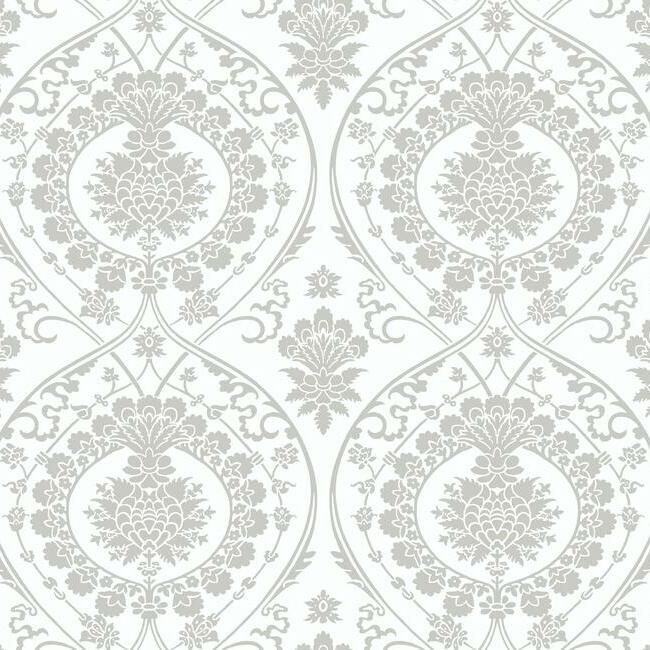 Imperial Damask Wallpaper - White/Silver - York Wallcoverings - DM4905