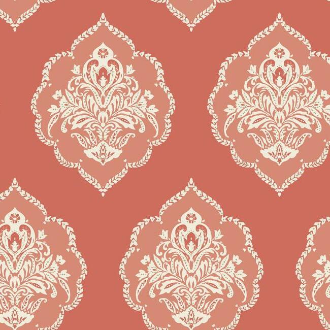 Signet Medallion Damask Wallpaper - Coral - York Wallcoverings - DM4981