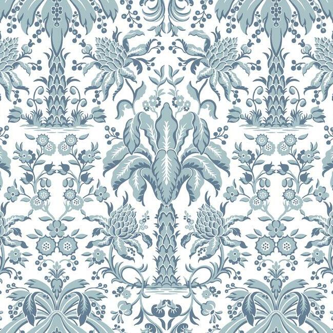 Palmetto Palm Damask Wallpaper - Blue - York Wallcoverings - DM5012