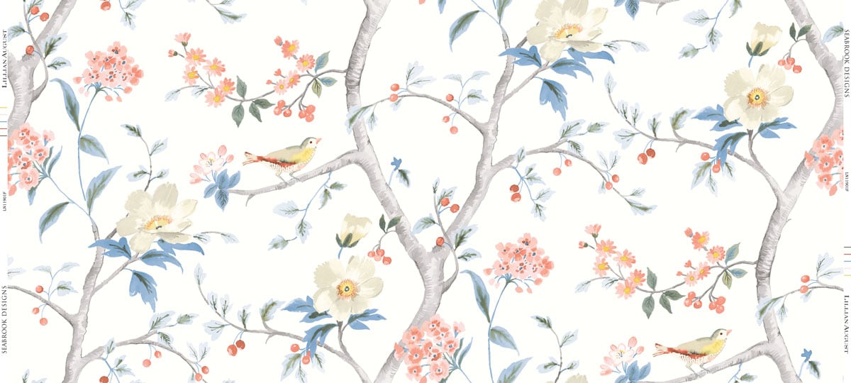 Lillian August LN11901F Luxe Retreat Southport Floral Trail Fabric Eggshell, Melon, and Carolina Blue