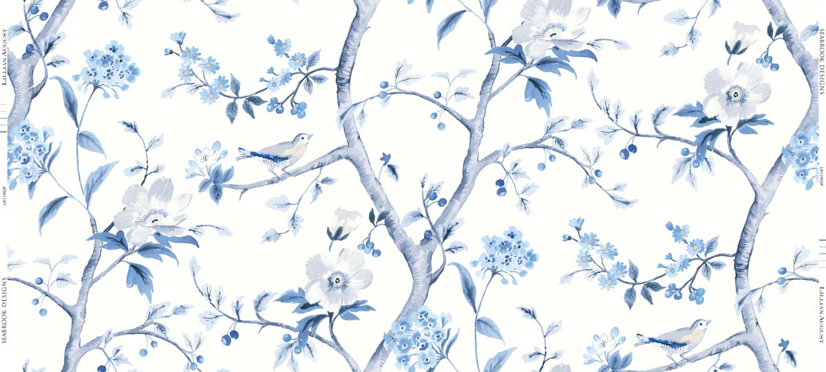 Lillian August LN11902F Luxe Retreat Southport Floral Trail Fabric Eggshell and Blue Shale 