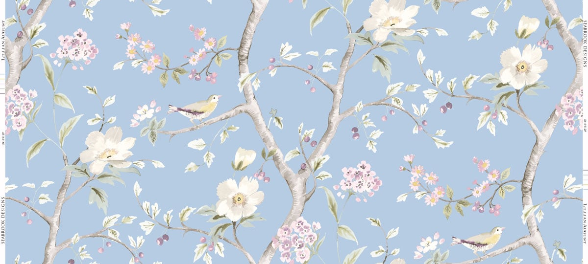 Lillian August LN11912F Luxe Retreat Southport Floral Trail Fabric Sky Blue and Arrowroot