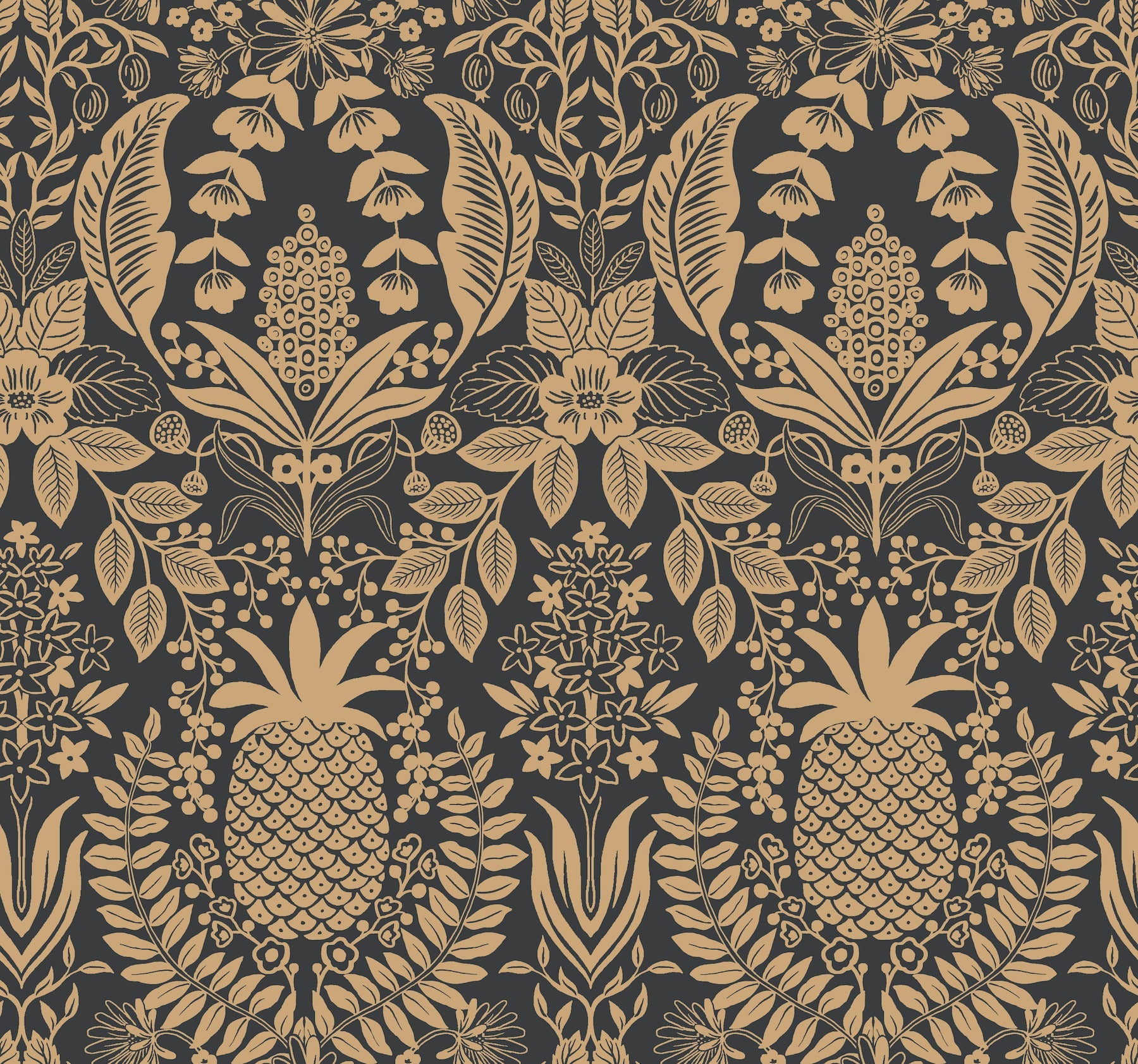 Pineapple Damask Wallpaper - Black & Gold - York Wallcoverings - RF7483