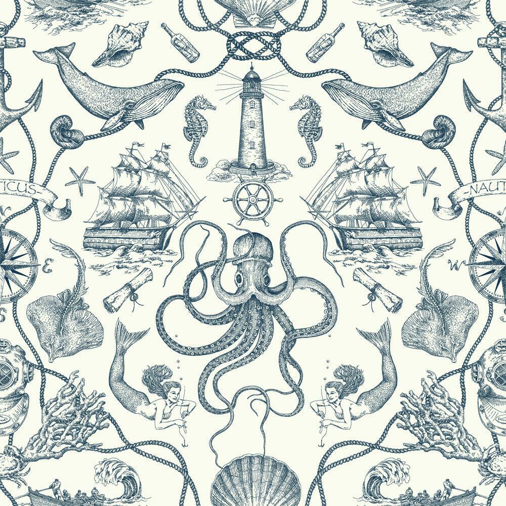 Deep Sea Toile Peel and Stick Wallpaper - Blue - York Wallcoverings - RMK12002WP