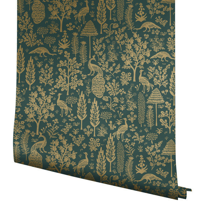 menagerie-toile-wallpaper-emerald-metallic-gold-york-wallcoverings-rp7373