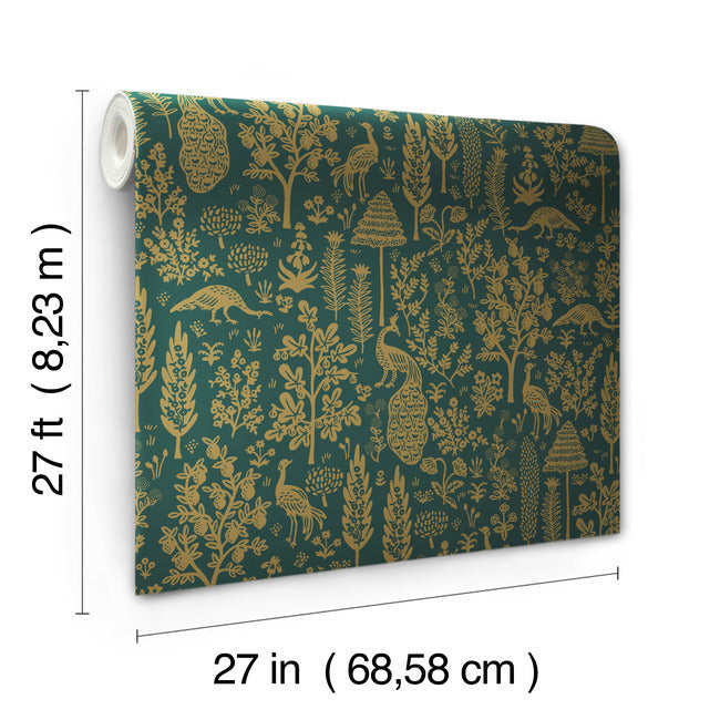 menagerie-toile-wallpaper-emerald-metallic-gold-york-wallcoverings-rp7373