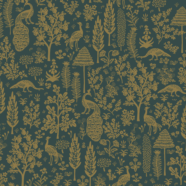 menagerie-toile-wallpaper-emerald-metallic-gold-york-wallcoverings-rp7373