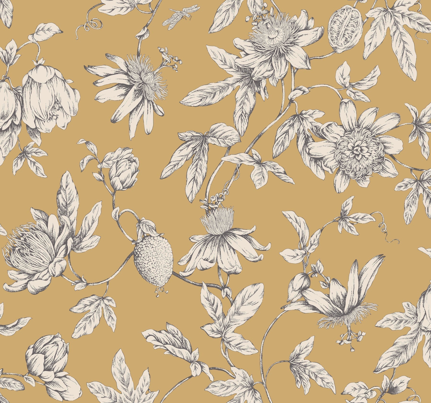 Passion Flower Toile Wallpaper - Harvest - York Wallcoverings - RT7855