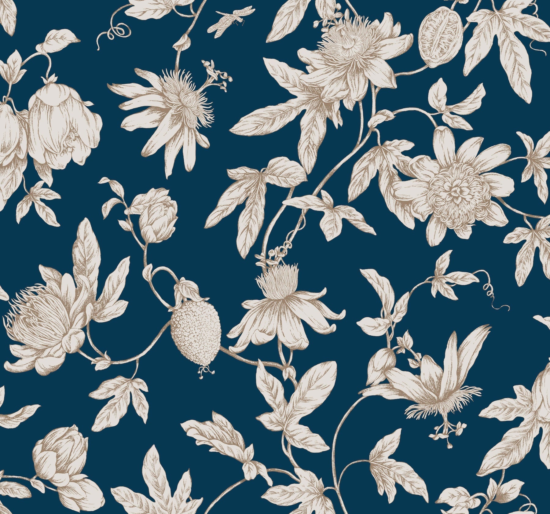 Passion Flower Toile Wallpaper - Navy - York Wallcoverings - RT7856