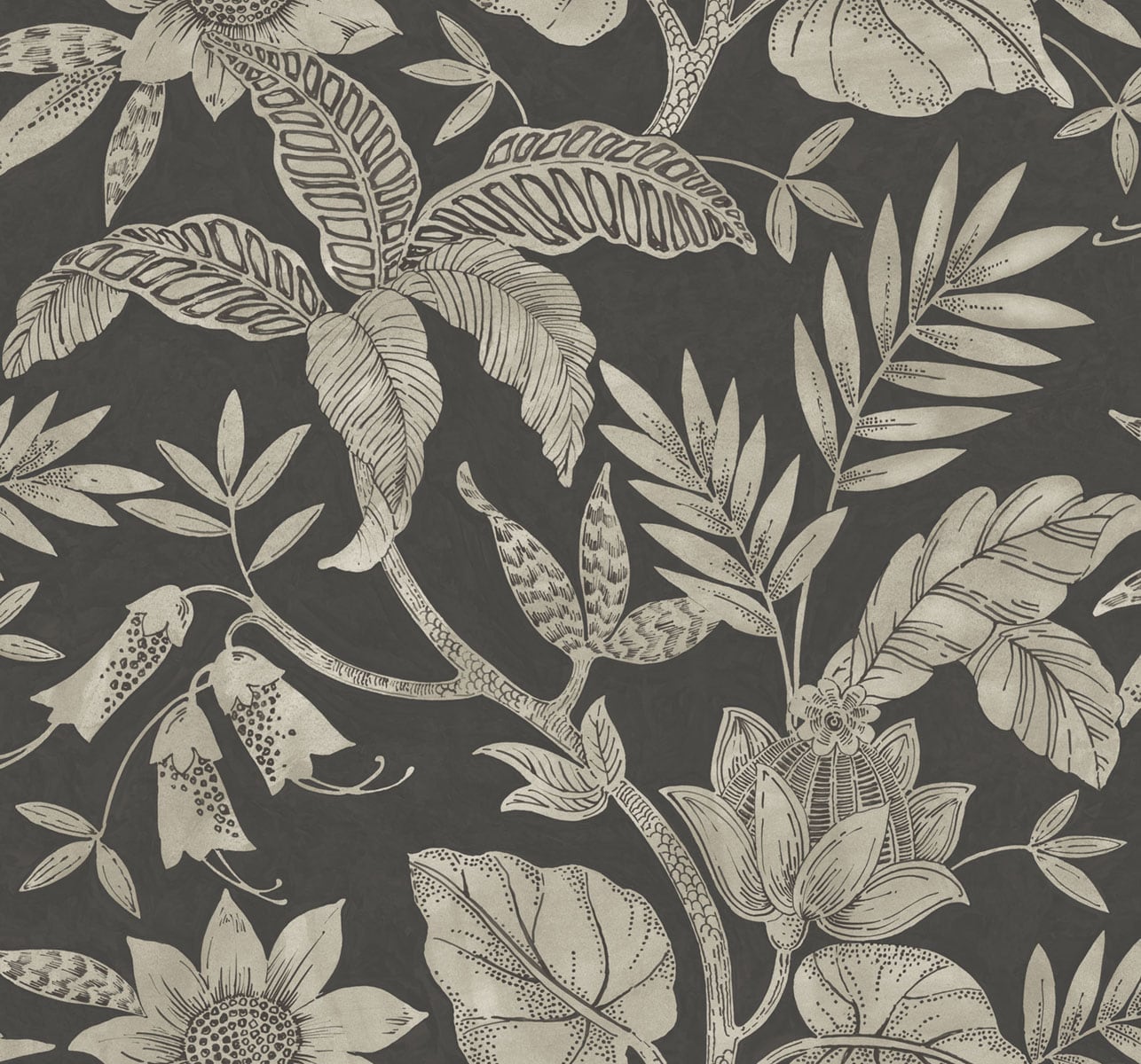 Seabrook Designs RY30200 Boho Rhapsody Rainforest Leaves  Wallpaper Brushed Ebony and Stone