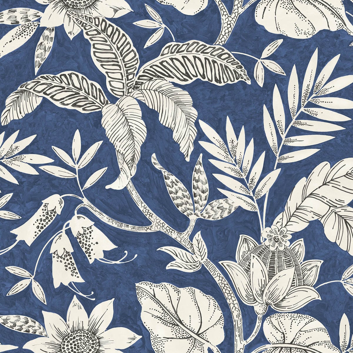 Seabrook Designs RY30202 Boho Rhapsody Rainforest Leaves  Wallpaper Sapphire and Brushed Ebony