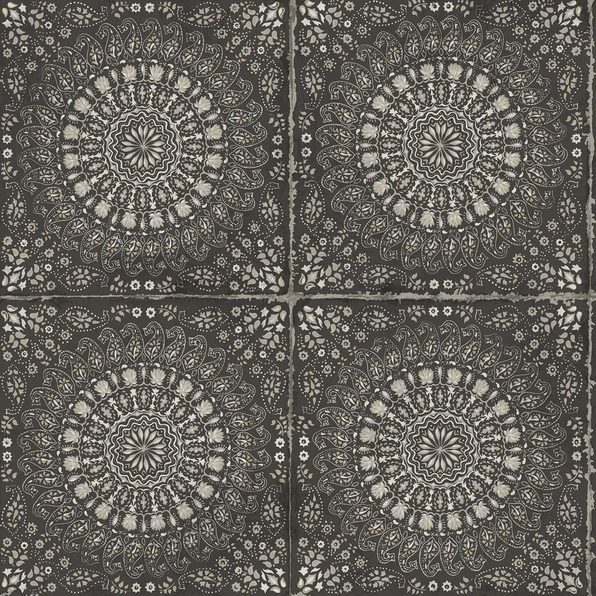 Seabrook Designs RY30700 Boho Rhapsody Mandala Boho Tile  Wallpaper Brushed Ebony and Stone