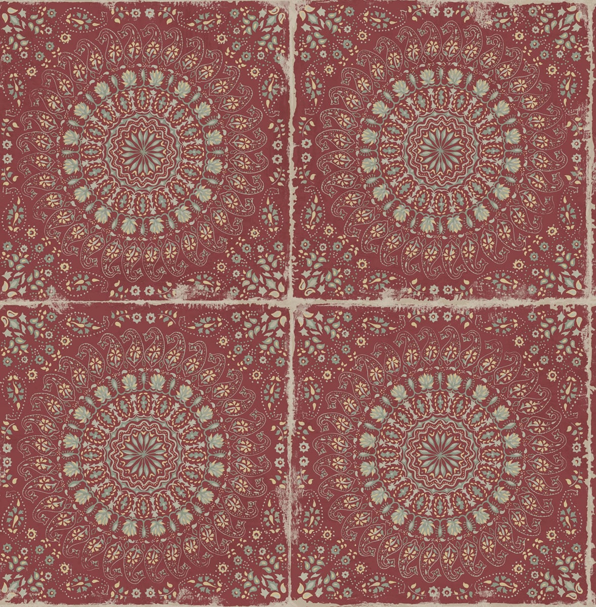 Seabrook Designs RY30710 Boho Rhapsody Mandala Boho Tile  Wallpaper Cabernet and Aloe Green