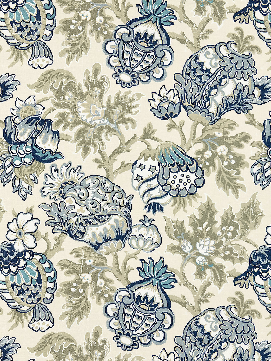 Canterbury Linen Print - Oyster & Indigo