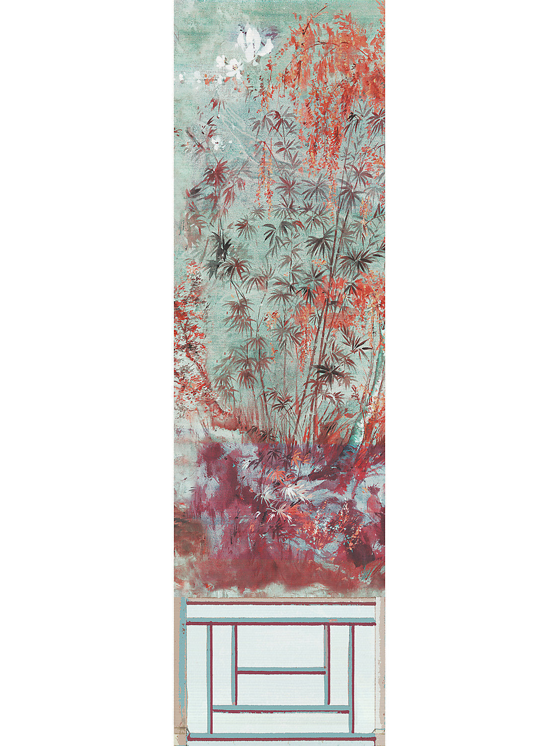 Crested Crane Mural | Panel 1 - Turquoise Red - Scalamandre Wallpaper