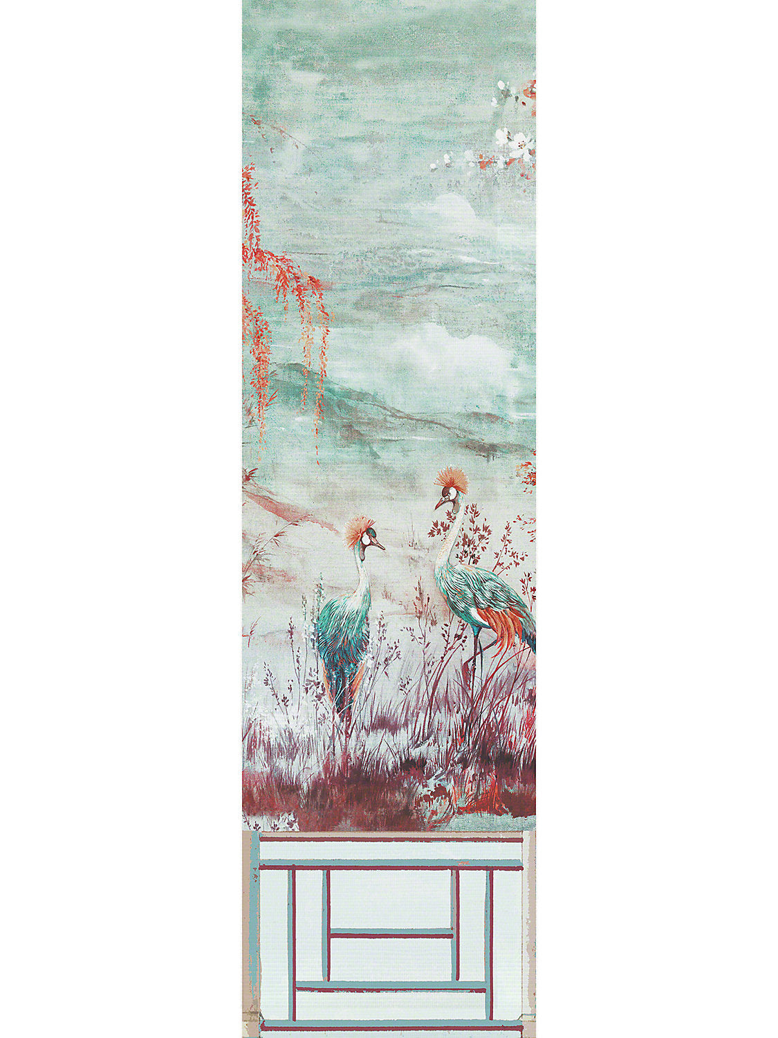 Crested Crane Mural | Panel 3 - Turquoise Red - Scalamandre Wallpaper