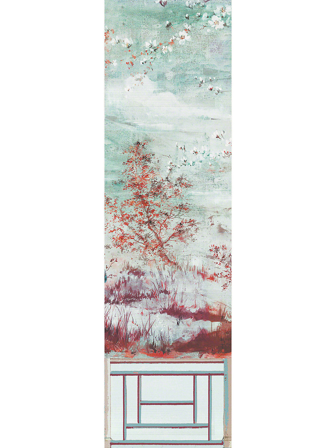 Crested Crane Mural | Panel 4 - Turquoise Red - Scalamandre Wallpaper