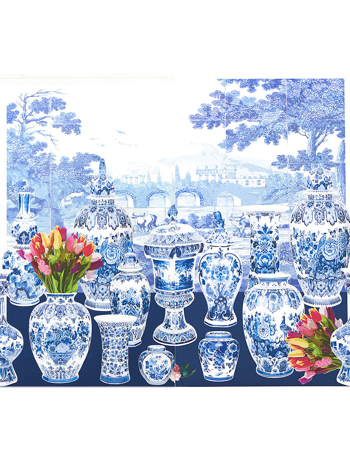 Garniture Scenic | Tulips - Blue - Right Panel - Scalamandre Wallpaper