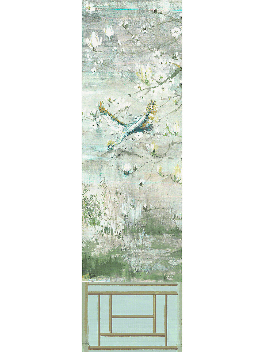 Crested Crane Mural | Panel 5 - Green Gold - Scalamandre Wallpaper