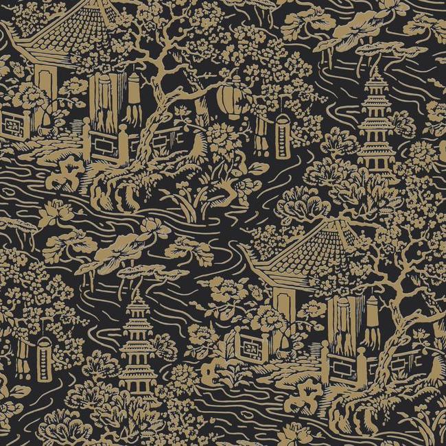 Chinoiserie Wallpaper - Black/Gold - York Wallcoverings - AF6577